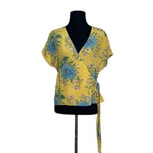 Madewell yellow blue floral print short sleeves wrap blouse size small